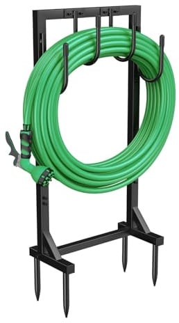 iRhodesy Gartenschlauchhalter, 109,5 cm Verbesserte Gartenschlauch Halterung aus Metall für 45 m Schlauch mit 4 großen Haken, abnehmbarer Gartenschlauchhalter Freistehend für Garten und Rasen