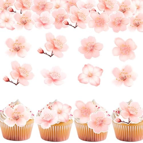 GoldRock Pfirsichblüten Tortendeko Essbar,48 Stk Essbare Blüten Tortendeko Rosa,Essbare Blumen für Torte,Esspapier Kuchen Deko Blüten,Torten Deko Blumen Essbar für Geburtstag, Hochzeit,Babyparty,Taufe