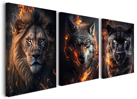 Gerahmtes Wandbild Set 30×40 cm 3er Set Wolf Panther Löwe Feuer Leinwandbilder für Wohnzimmer Schlafzimmer Küche Büro Vintage Wandbild mit Haken Nägeln und magischer Klettbefestigung sofort aufhängbar