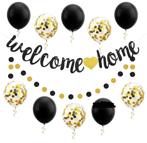 Soiftra Welcome Home Deko Ballon, Willkommen Zu Hause Glitzerkonfetti Ballon Girlande Set für Babyshower, Familie Party, Willkommensdekorationen in Gold