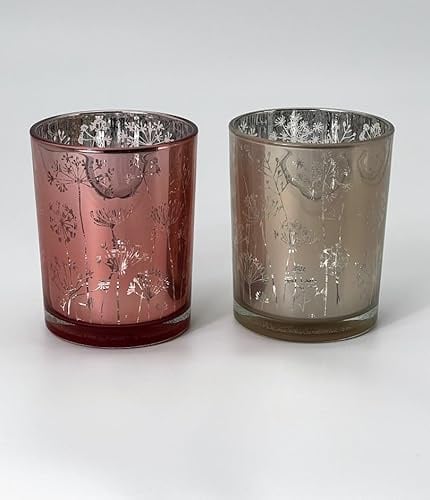 Generisch Windlicht Teelichthalter aus Glas mit Blumen Dekor, Rosa und Creme, 12 cm Höhe, 10 cm Breite, 2er Set