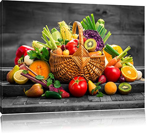 Pixxprint Frisches Obst und Gemüse im Korb, Größe: 120x80cm, Leinwandbild, fertig gespannt, Wandbild, Dekoration, Kunstdruck, kein Poster