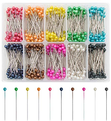 VAPKER Nähnadeln, 36 mm, 1000 Stück, Perlglanzkopf, Quiltnadeln, Blumennadeln für Blumendekoration, Basteln, Nähen, 10 Farben