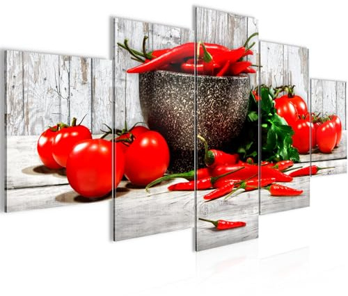 Runa Art Wandbilder Küche - Gemüse 5 Teilig Bild auf Vlies Leinwand Deko Esszimmer Küchenbilder Holz Weiss Rot 005852b