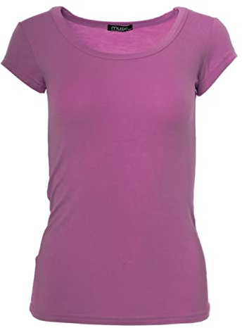Easy Young Fashion - Damen Basic Rundhals T-Shirt - Kurzarm Unterziehshirt Skinny Fit 1001 - Helle Beere M