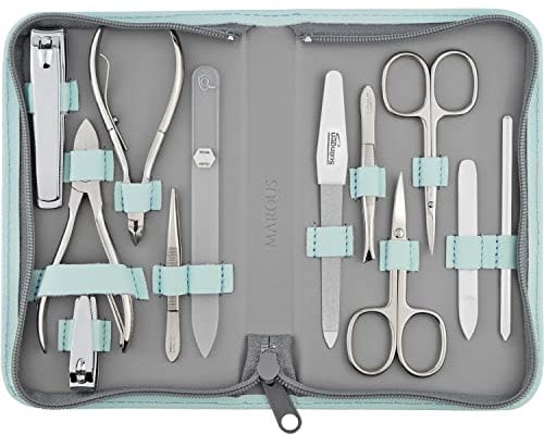 marQus Solingen Maniküre Pediküre Set - 12 Teile in Echt Leder Etui handlich und weich - Komplett Kit mit allem für die Hand- und Fußpflege, Nagelset Mint