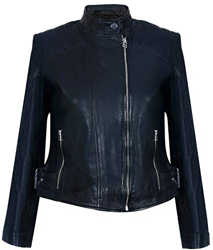Ladies Womens Black Real Leather Fitted Vintage Biker Style Zip Fashion Jacket M