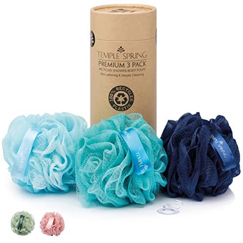 Temple Spring Loofah Shower Sponge, Recycled Body Scrubber Scrunchies, Exfoliating Bath Sponge, Shower Puff Bath Sponges for Adults, Loofah Back Scrubber Pouffe, Loofa Body Scrub Exfoliator Ocean Blue