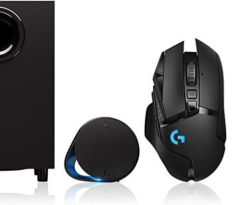 Logitech G560 PC-Gaming-Lautsprecher mit DTS:X Ultra Surround Sound, Spielbasierter RGB-Beleuchtung + Logitech G502 Lightspeed kabellose Gaming-Maus, Hero 16000 DPI Sensor, Wireless Verbindung