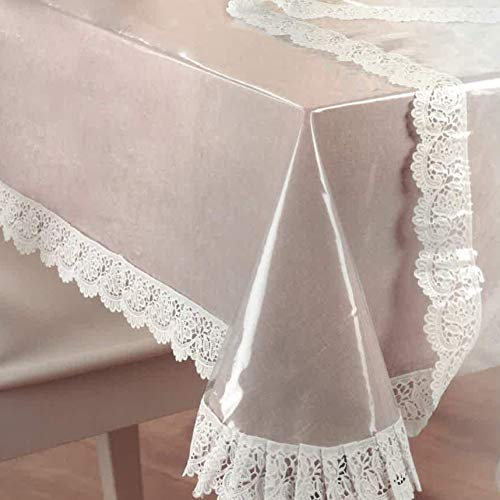Pey Glasklare Schutztischdecke Tischdecke Tischfolie Schutztischdecke mit weißer Vinylspitze 0,15 mm Eckig 130 x 160 cm abwaschbar