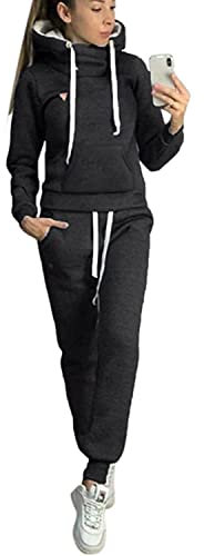 BUOYDM Survêtement Femmes Casual Ensembles Sportswear À Manches Longues Sweat-Shirt + Jogging Pantalon Sports pour Automne et Hiver B-Noir M