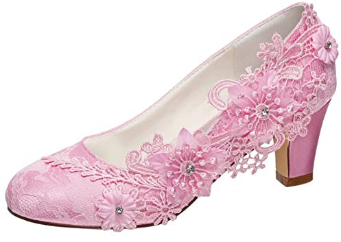 Emily Bridal Brautschuhe Frauen Seide wie Satin Stämmiger Absatz Absatzschuhe mit Stich Spitzen Blume Kristall Perle (EU39, Rosa)