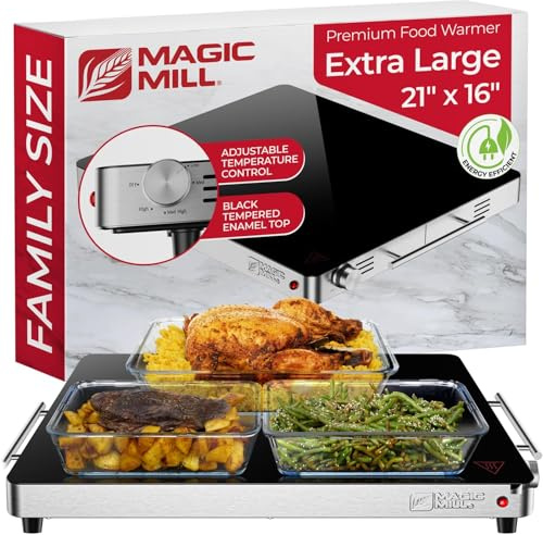 Magic Mill, chauffe-plats extra large pour les fêtes | Plateau chauffant pour serveur électrique, plaque chauffante, avec contrôle de température réglable, pour buffets, restaurants, fêtes à la maison