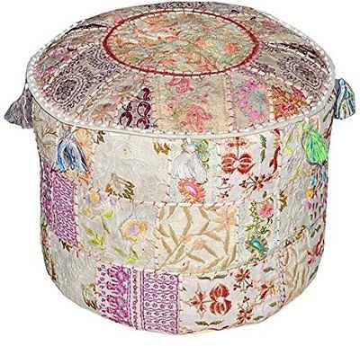 Radhykrishnafashions Housse de pouf vintage brodée ottomane ronde indienne - Housse de pouf ethnique brodée - Décoration ethnique - Blanc - 35,6 x 55,9 cm