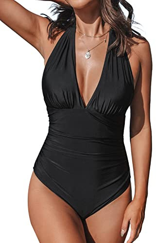 CUPSHE Costume da Bagno Intero con Scollo a V da Donna con Scollo a V Senza Schienale Increspato Nero M