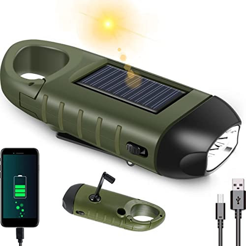PKKP Linterna recargable de manivela, linterna solar LED con banco de energía, dinamo linterna USB recargable con hebilla de senderismo, linterna de manivela para emergencia/exterior/camping