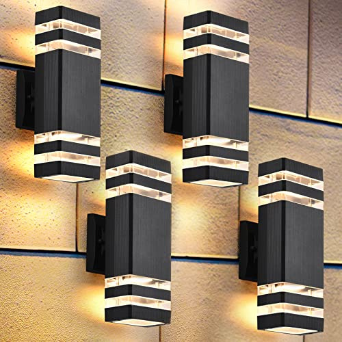DASTOR 4 Pack Outdoor Wall Lights, Modern Exterior Lighting Fixtures Wall Mount, 2-Layer Black Outdoor Lights for House, Up and Down Lights Outdoor Sconces Wall Lighting for Porch Patio Garage