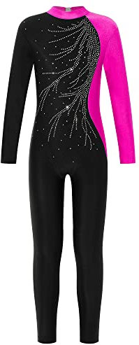 Doomiva Mädchen Turnanzug Ganzkörper Gymnastikanzug Glitzer Overall Sportbody Mit Strass Eiskunstlauf Anzug Langarm Leotard Hot Rosa 122-128