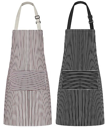 Syntus Küchenschürze, 2 Stück, verstellbar, Kochschürzen für Damen und Herren, mit 2 Taschen, schwarz/braune Streifen
