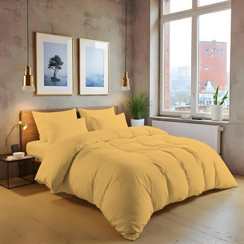 MistyMorning Plain Duvet Cover sets, Soft & Premium quality Bedding & Linen, Egyptian Cotton with 200 Thread Count. (Ochre/Yellow, Super King)