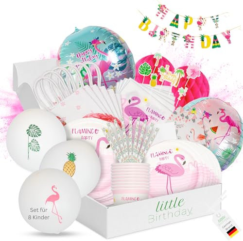 LITTLE BIRTHDAY | Flamingo Partygeschirr Paket Set Kindergeburtstag | Party Deko| Geburtstag 8 Personen | Pappteller| Pappbecher| Servietten| Luftballons | Topper | Einladungskarten | Tütchen | alles