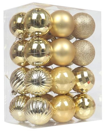 24 Pieces 60mm Christmas Tree Baubles Large Christmas Ball Baubles Ornaments Shatterproof Plastic Glitter Christmas Bulbs, Hanging Decorations for Xmas Tree Holiday Wedding Party, Gold