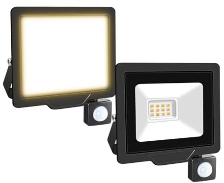 Willpower 2pcs 10W 1000LM LED Strahler Außen mit Bewegungsmelder LED Scheinwerfer 3500K Warmweiß IP66 Wasserdicht LED Außenstrahler Fluter Flutlicht für Garage Flur Garten Innenhöfe Hotel Sportplatz