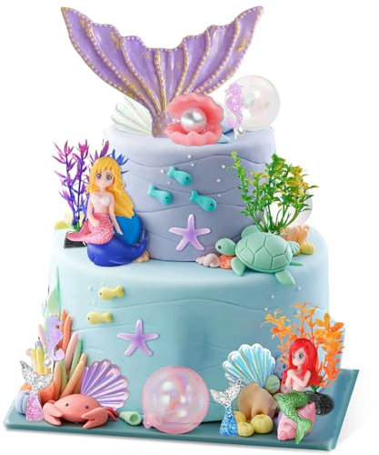Vezerd Tortendeko Geburtstag,19 Stück Kuchen Deko Cute Meerjungfrau Cake Topper Geburtstag,Ozean Theme Happy Birthday Tortendeko für Mädchen Junge Party Torten Deko