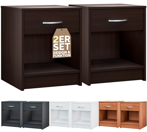 CASARIA® Set 2 Mesitas de Noche con Cajón 50x40x35cm para Cama Mueble Dormitorio Mesilla de Noche Mesa Auxiliar Compartimento Abierto Asa Cromada