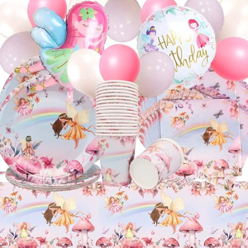 Doyomtoy Fée Ensemble Vaisselle Fête,75 pièces Service de Table pour fête de Papillon Assiettes,Gobelets,Serviettes,Nappes,Ballons de fées pour les Décorations de fêtes d'anniversaire d'enfants