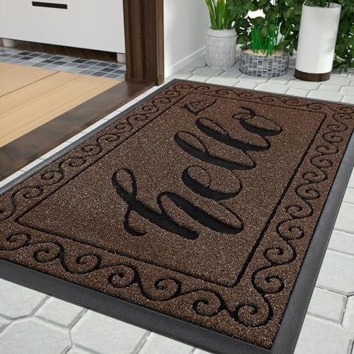 Yimobra Hello Front Door Mat, Heavy Duty Easy Clean Doormat Indoor Outdoor, Waterproof Quick Dry Floor Mat for Home, Garage, Hign Traffic Areas, Non Slip, Low Profile, 75x43 cm, Coffee