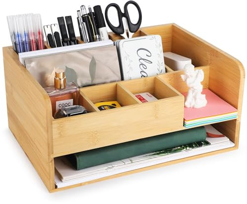 Cinnani Schreibtisch Organizer aus Bambus, Schlitz- und Zapfenverbindungen 11 Fächer Große Kapazität Büro Organizer, Multifunktionaler Schreibtischorganizer, Stiftebox, DIY Bürobedarf 31.5*22.3*14.5CM