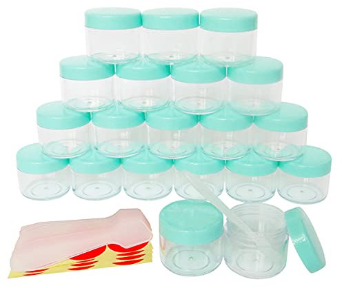 Wopanxye 20pcs 20ml Round Pot, 20g Small Travel Jars, Plastic Cosmetic Containers Set with GREEN Lid for Liquid Creams Sample, Homemade DIY, Lip Gloss Balm, Pigments, Mica Powder, Eyeshadow, Glitter