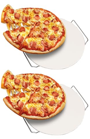 2er Set Cordierit Pizza Steinplatte Pizzaplatte Pizzateller Brotbackplatte bis 800°C Ø33cm inkl Gestell mit Griffen