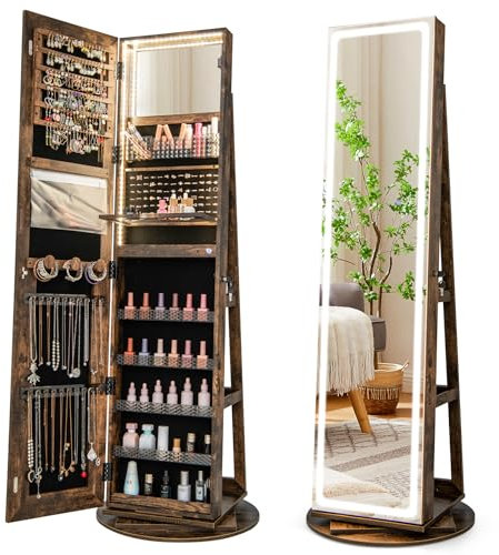 RELAX4LIFE Armoire à Bijoux Pivotante à 360º avec Miroir LED, Miroir Bijoux sur Pied avec Rangement Verrouillable, Éclairage LED 3 Couleurs, Tablette Pliable, pour Dressing Chambre (Marron rustique)