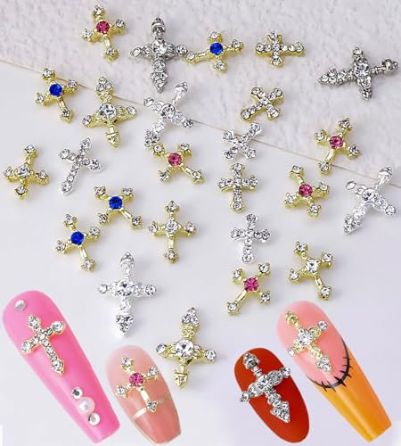 Cagzzee Crystal Cross Nail Charms - Gold & Silver, 20 PCS, Alloy & Rhinestone, Cross Shape, Nail Art Rhinestones