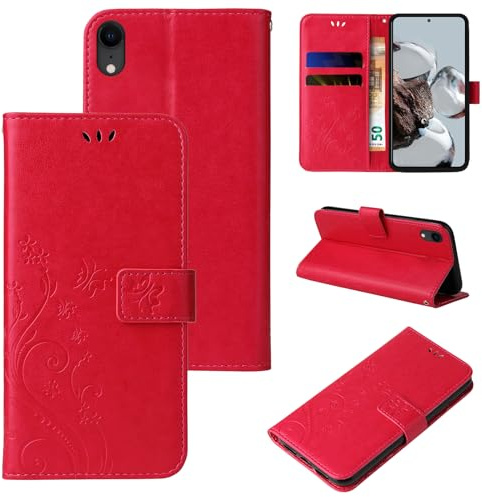LBH Handy Hülle für Apple iPhone XR Case Handytasche Schmetterling Blumen Flower Standfunktion Schutzhülle Magnet Rundum Schutz 360 Grad Flipcase Cover Rot