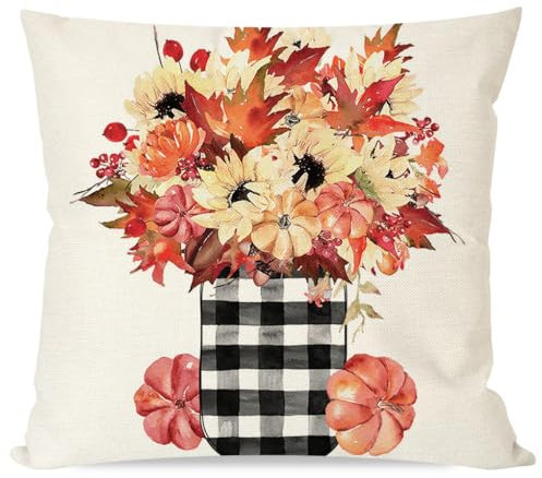 PANDICORN Buffalo Plaid Mason Jar Fall Throw Pillow Cover 18x18 Inch Orange Pumpkin Floral Maple Leaves Outdoor Country Farmhouse Autumn Decorations Decorative Throw Pillow Cases for Home Veranda