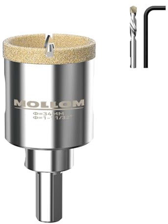 Mollom 1-11/32 (34mm) Diamond Hole Saw with 2Pcs Removable Pilot Drill Bit Smooth Cutting for Porcelain Tiles,Glass,Ceramic,Marble,Fiberglass,etc