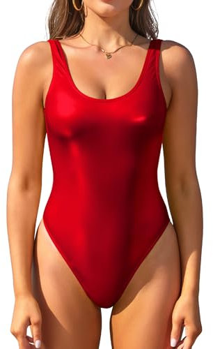 SHEKINI Damen Einteiliger Bauchweg Badeanzug Tiefen U Rückseite Glänzend Bademode Slim Bodysuit Monokini Swimsuit (L,Leuchtend Rot)