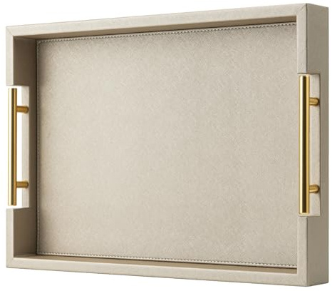 Champagne Faux Leather Serving Tray with Handles,20x14 inches, Large Decorative Tray for Ottoman Coffee Table Decor Living Room, Kitchen, Bathroom