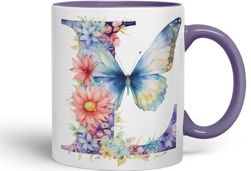 Vixar Letter L Mug, Floral Flowers Butterfly Alphabet Letter L Monogram Watercolour Ceramic Coloured Mug Cup for Tea Coffee Hot Brew 330ml 11Oz Gift (Purple)