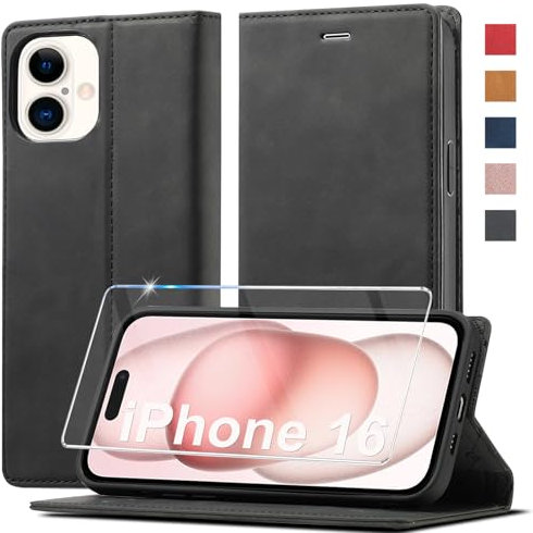 Ailicici Handyhülle für iPhone 16 Leder [Mit Schutzfolie] Klappbar Flip Wallet 360 Stoßfeste Case Schutzhülle Klapphülle Holster