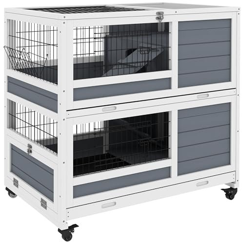 PawHut Clapier en Bois d'intérieur Cage à Lapin sur roulettes - 2 Niveaux avec 2 Plateaux coulissants, mangeoire, Porte verrouillable - 90 x 53 x 97 cm - Gris