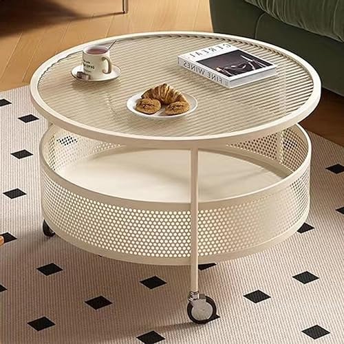 Table basse en verre avec roulettes, table à thé ronde à 2 niveaux avec panier de rangement creux en fer, table centrale de canapé moderne pour la maison, le bureau, table de cocktail d'appoint Mesa d