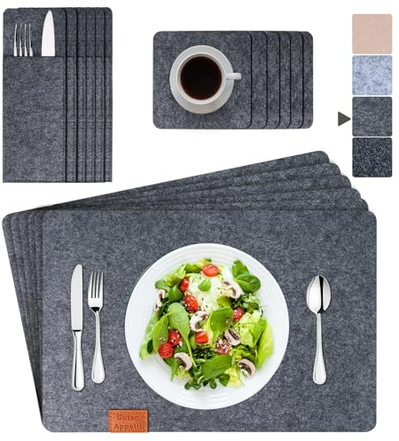 ARTAND Platzsets Abwaschbar Filz Tischsets Ausschließlich Vegane Platzdeckchen mit Untersetzer Bestecktasche- 8er Set, 05 Filz Grau