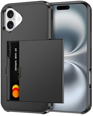 Coolden Handyhülle für iPhone 16 Hülle Case mit Kartenfach Armor Stoßfest Hülle Silikon Weicher TPU Harte PC Bumper Cover Heavy Duty Schutzhülle Brieftasche Etui Handyhülle für iPhone 16 6,1 Schwarz