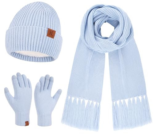 Damen Winter Warm Beanie Mütze Schal Touchscreen Handschuhe Set Thermo Wintermütze Strickmütze Lange Schals Winterhandschuhe mit Fleece Gefütterte Frauen Geschenk, Hellblau