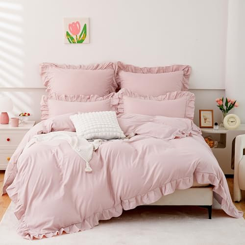 TOCOMOA Rüschen Bettwäsche 135x200 4teilig für Mädchen, Aesthetic Bettwäsche-Sets Mikrofaser, Öko-Tex Zertifiziert, Weich Rosa Bettbezug mit Reißverschluss, Kopfkissenbezug 80x80cm