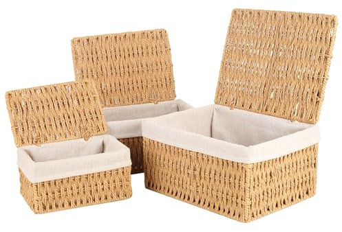 Aevcvok Set de 3 Cestas Almacenaje con Tapa, Cestas Organizadoras Rectangulares Cajas de Mimbre Tejida Apilable Decorativo con Asas Ideal para Baño, Cocina o Decoración del Hogar